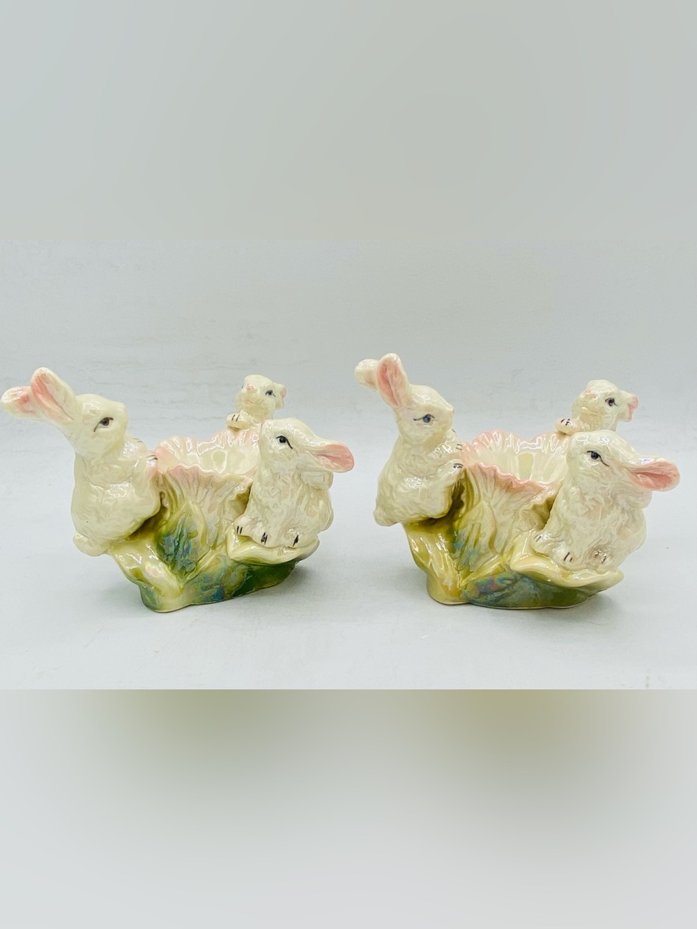 Vintage Pair Pearlized Ceramic Bunny Egg Cups, Trinket Dish, Candle Holder